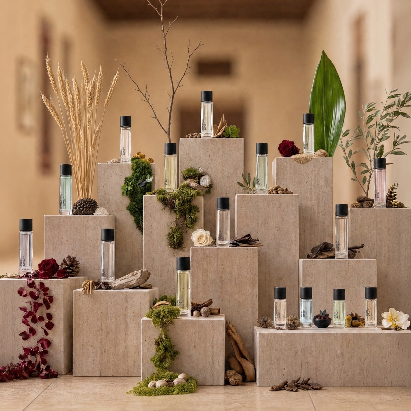 عطور مبخر على منصات من الترافرتين في فناء
